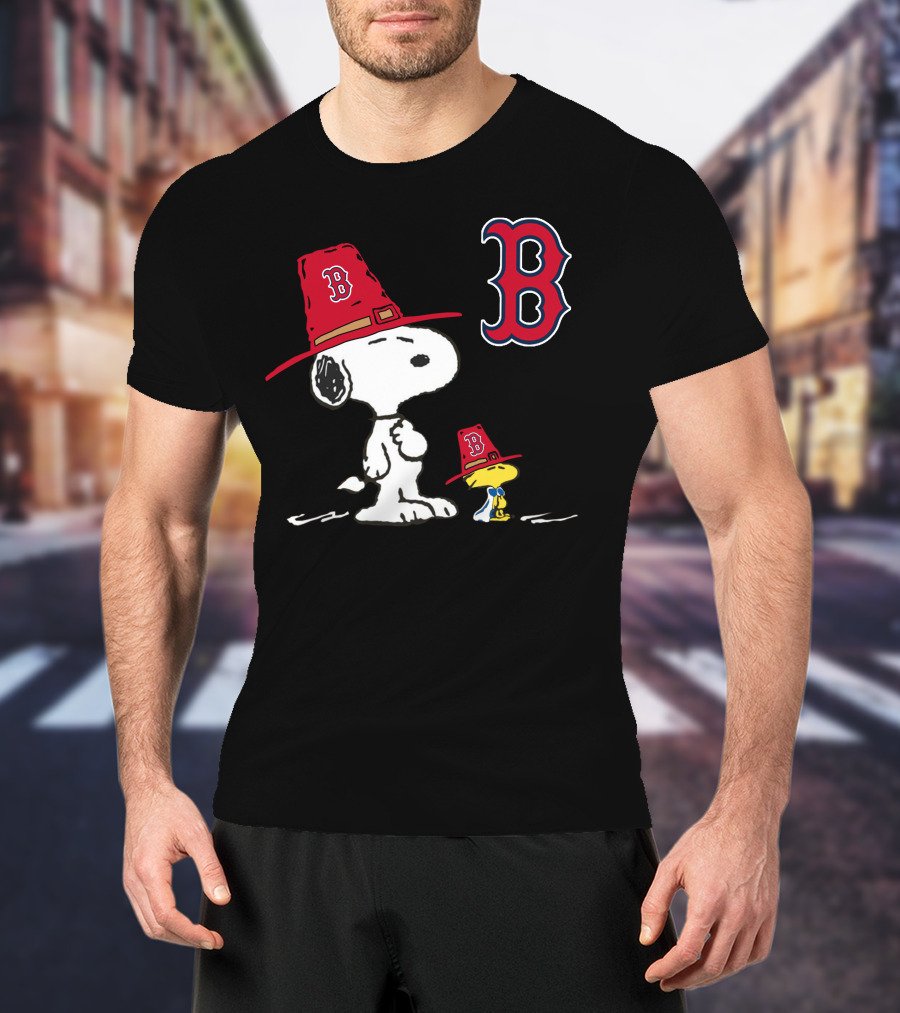 Boston Red Sox Snoopy Woodstock Wearing Team Hats T-Shirt