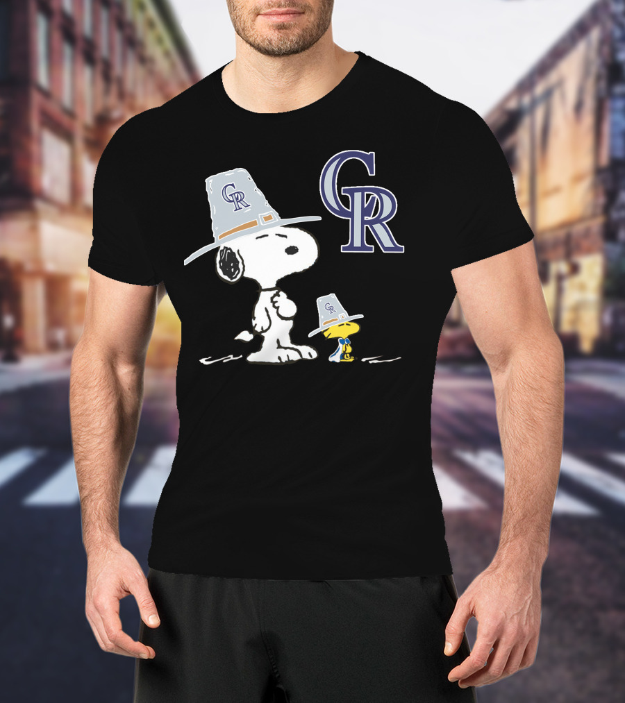 Colorado Rockies Snoopy Woodstock Thanksgiving Pilgrim Hats T-Shirt