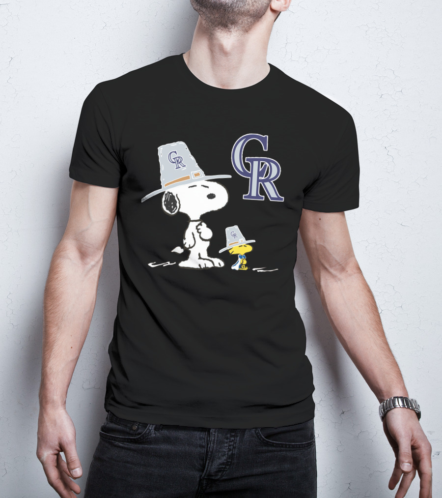 Colorado Rockies Snoopy Woodstock Thanksgiving Pilgrim Hats T-Shirt