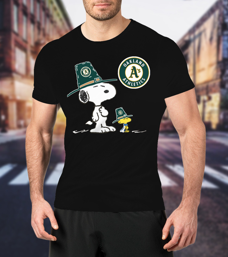 Oakland Athletics Snoopy And Woodstock Wearing Team Hats T-Shirt
