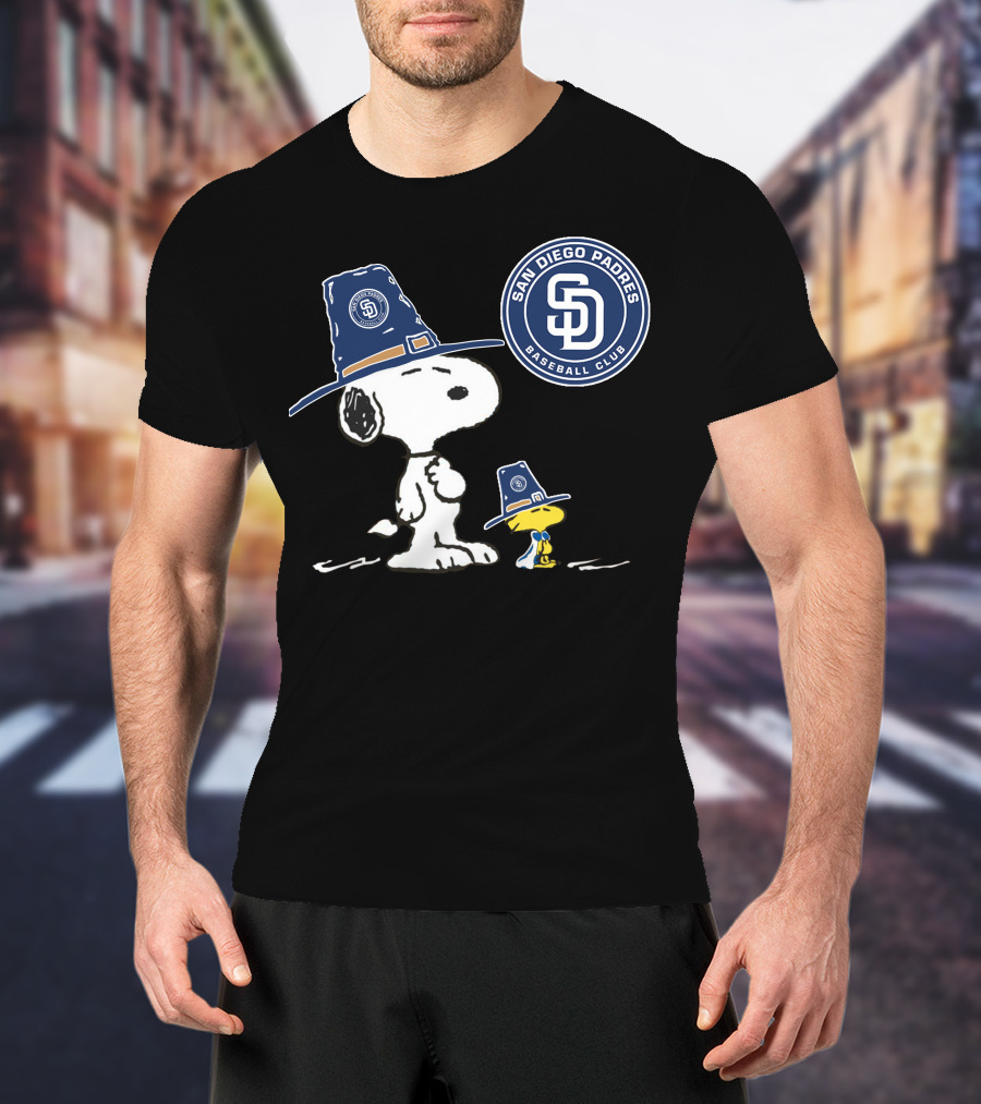 San Diego Padres Snoopy Woodstock Baseball Club Pilgrim Hat T-Shirt