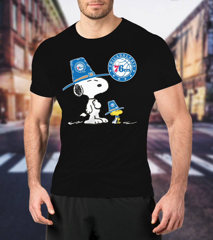 Philadelphia 76ers Snoopy Woodstock Pilgrim Hat Basketball T-Shirt
