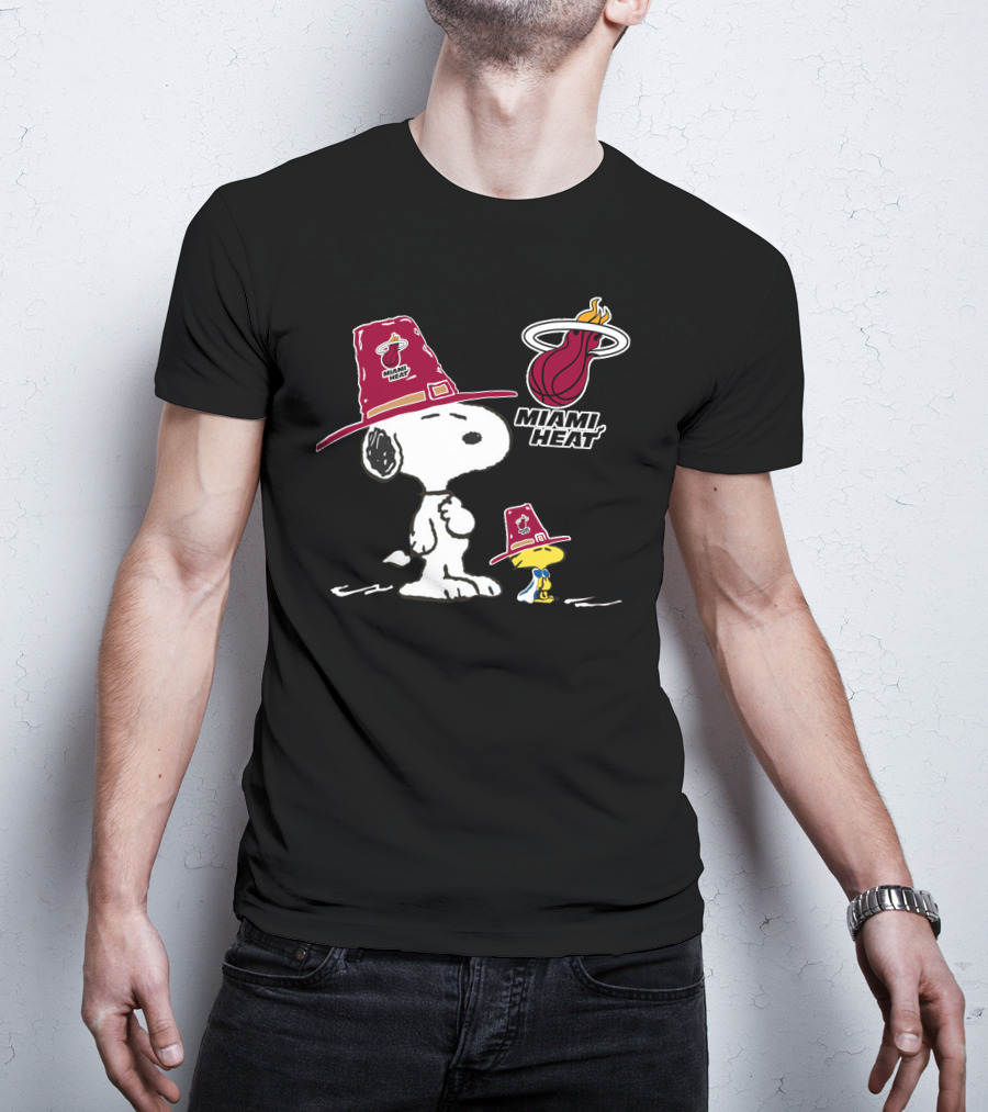 Snoopy And Woodstock In Miami Heat Hats With Team T-Shirt