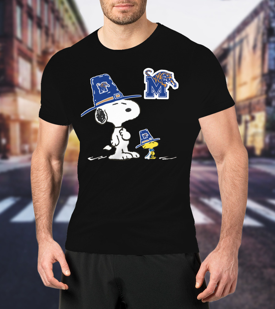 Snoopy And Woodstock Wearing Memphis Tigers Hats With M Logo And Striped Tiger T-Shirt