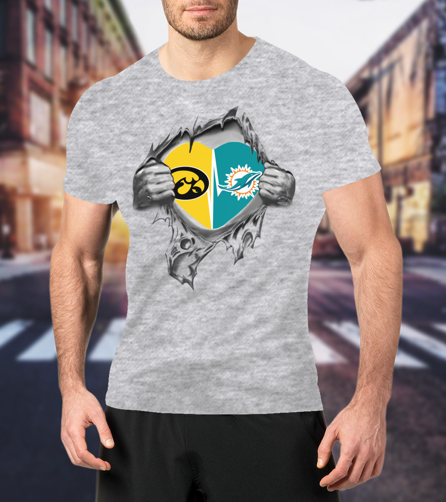Iowa Hawkeyes Miami Dolphins Heart Logo Ripped T-Shirt
