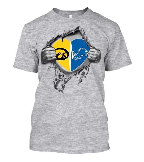 Iowa Hawkeyes Vs. Detroit Lions Heart Symbol Torn Fabric T-Shirt