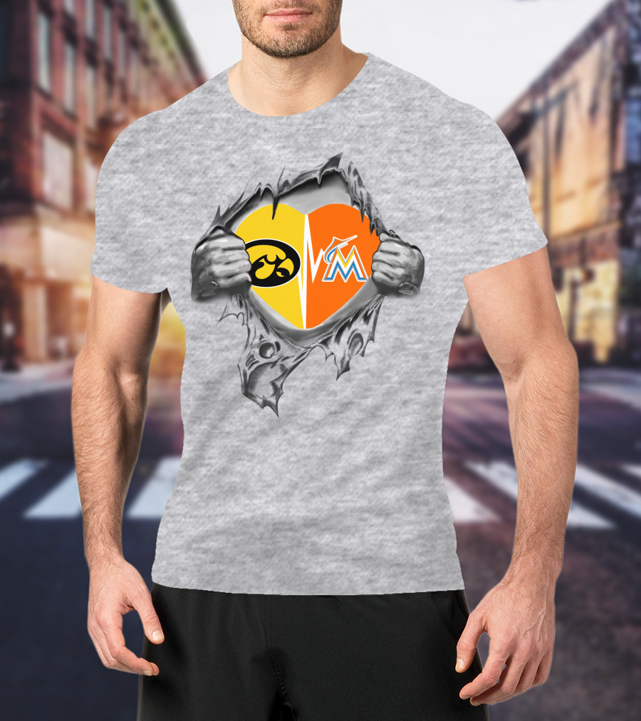 Iowa Hawkeyes Heart And Miami Marlins Heart Logos Ripped T-Shirt