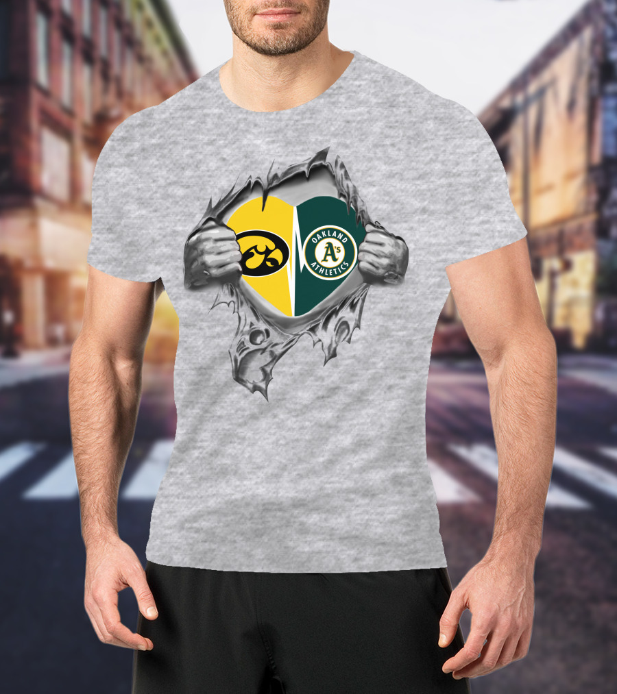 Iowa Hawkeyes Oakland Athletics Heart Design With Tearing Hands T-Shirt