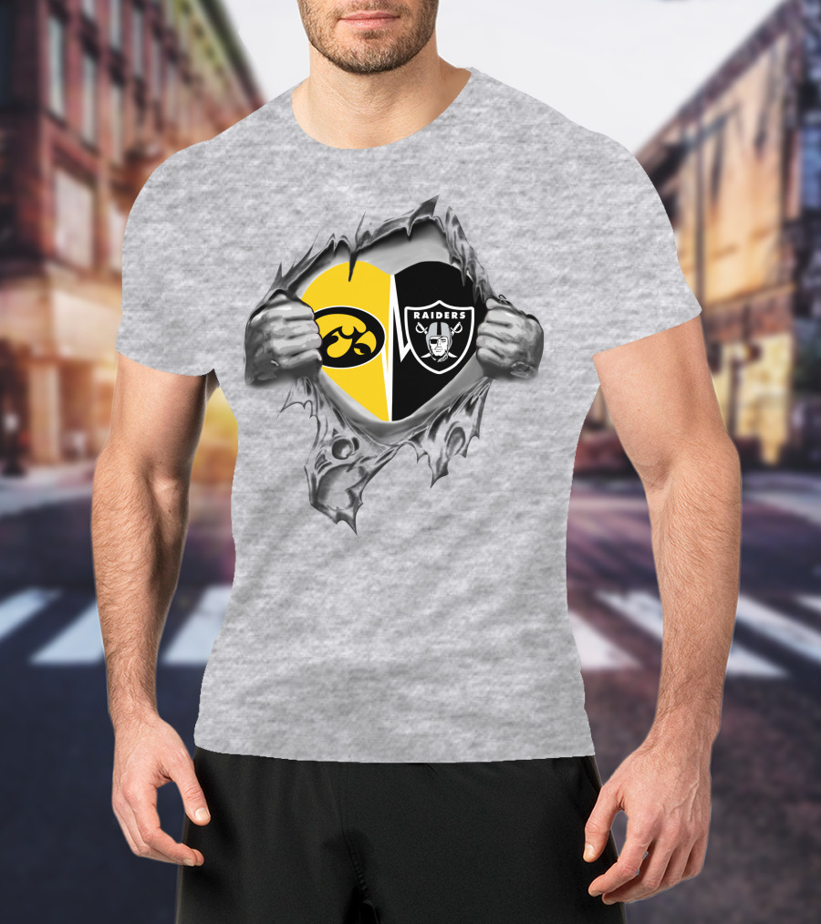 Iowa Hawkeyes Vs Raiders Heart Design With Iconic Logos In Ripped T-Shirt
