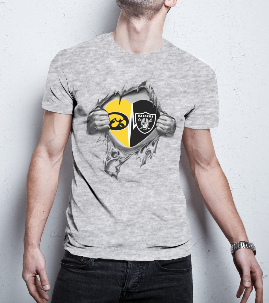 Iowa Hawkeyes Vs Raiders Heart Design With Iconic Logos In Ripped T-Shirt