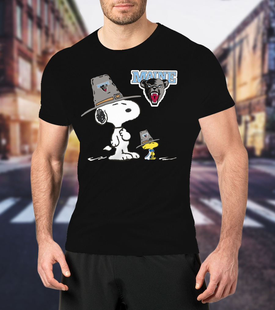 Maine Black Bears Snoopy Woodstock Pilgrim Hat T-Shirt