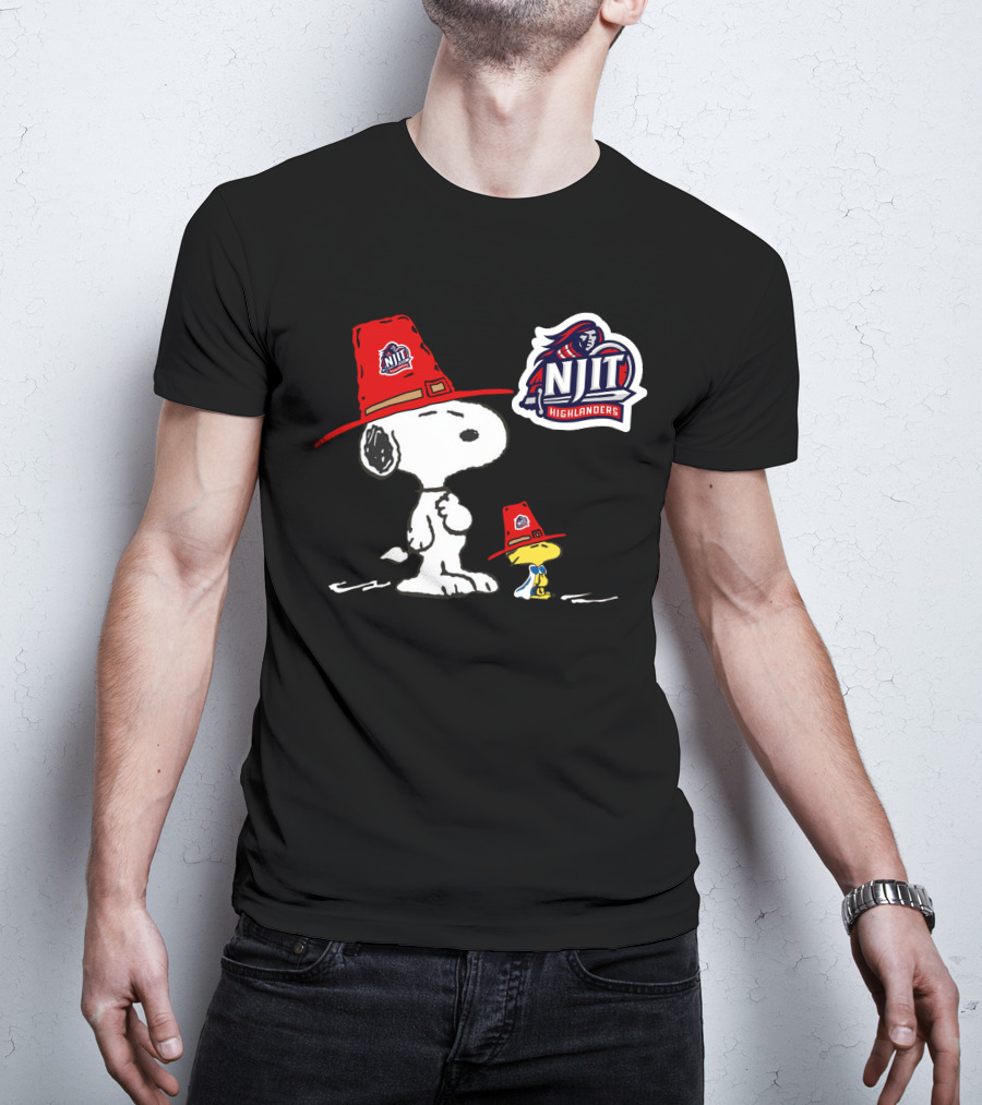 NJIT Highlanders Snoopy And Woodstock Wearing Red Hats T-Shirt