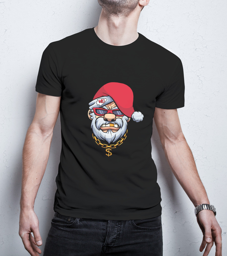 Chiefs Gangster Santa With Chain And Red Hat Sporting Sunglasses And Kansas City T-Shirt