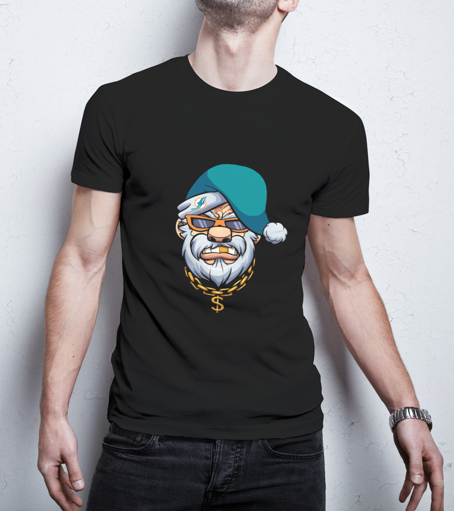 Miami Dolphins Gangster Santa With Shades And Gold Chain T-Shirt
