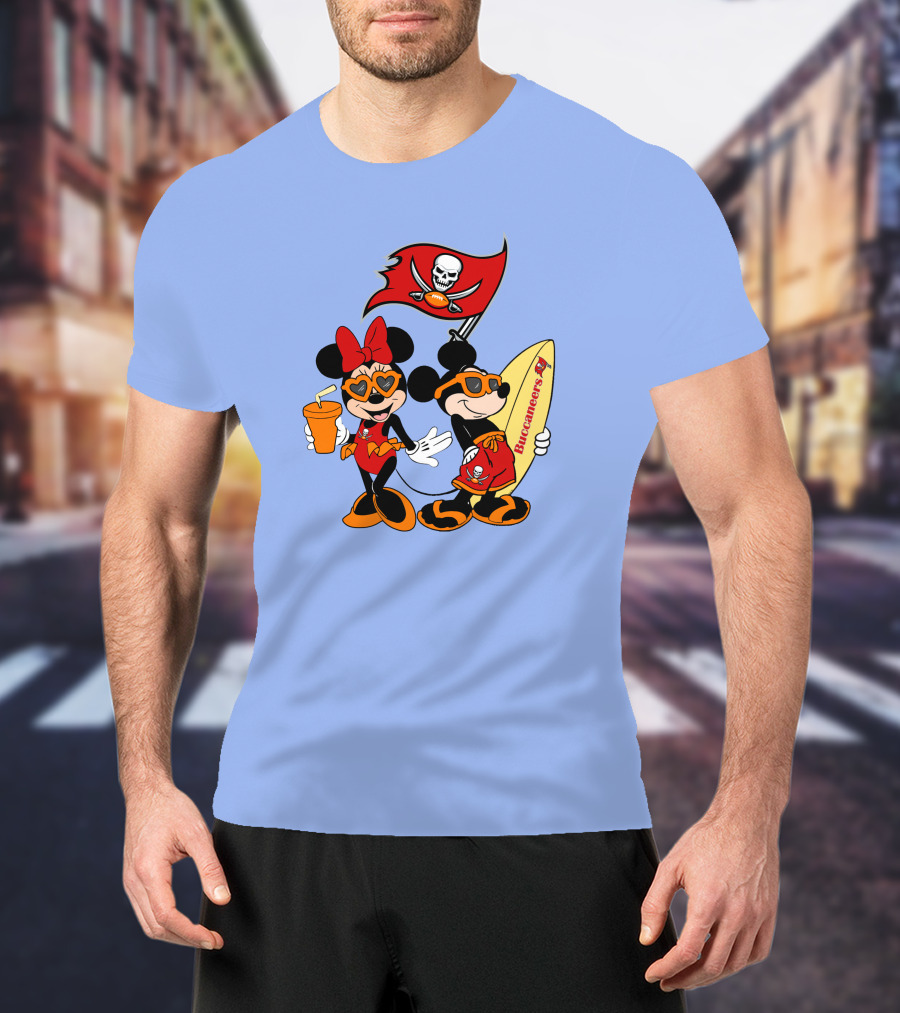Buccaneers Vacation Mickey And Minnie With Pirate Flag And Surfboard T-Shirt