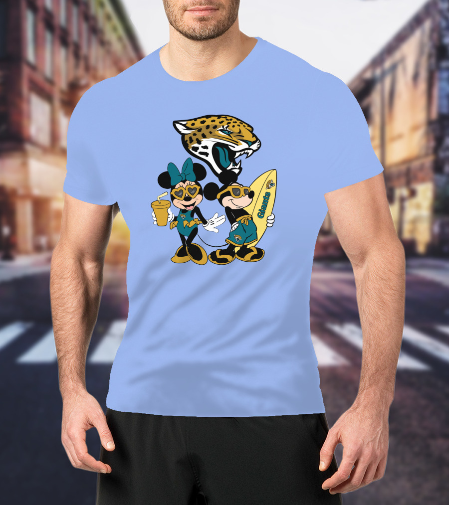 Jaguars Mickey And Minnie Happy Vacation With Surfboard And Drink T-Shirt