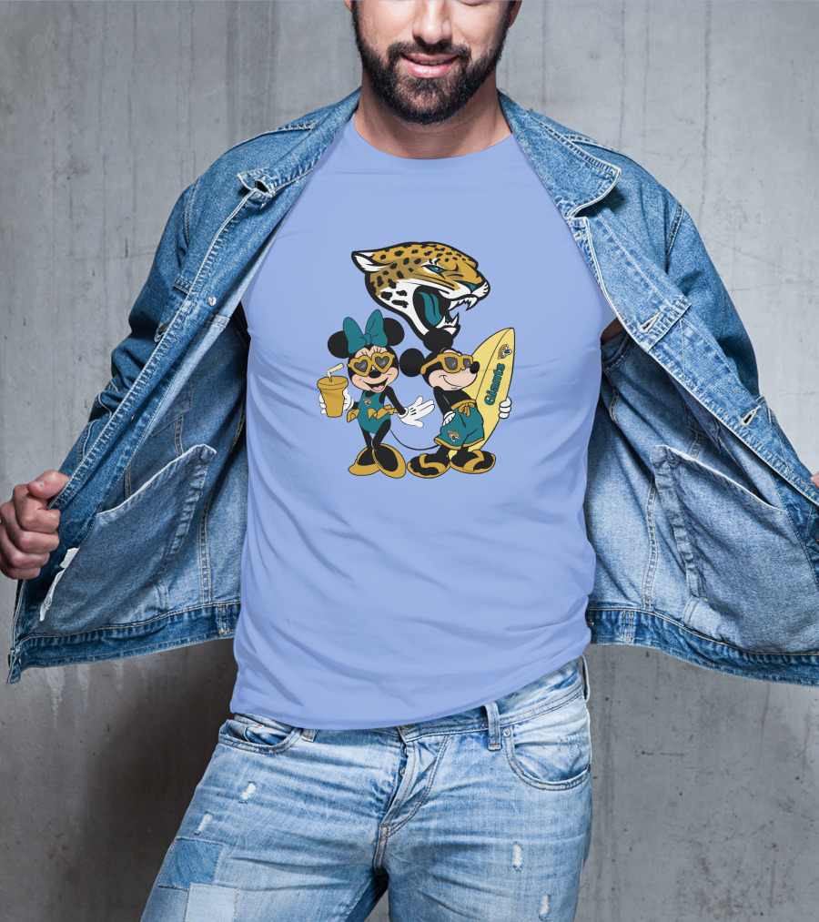 Jaguars Mickey And Minnie Happy Vacation With Surfboard And Drink T-Shirt