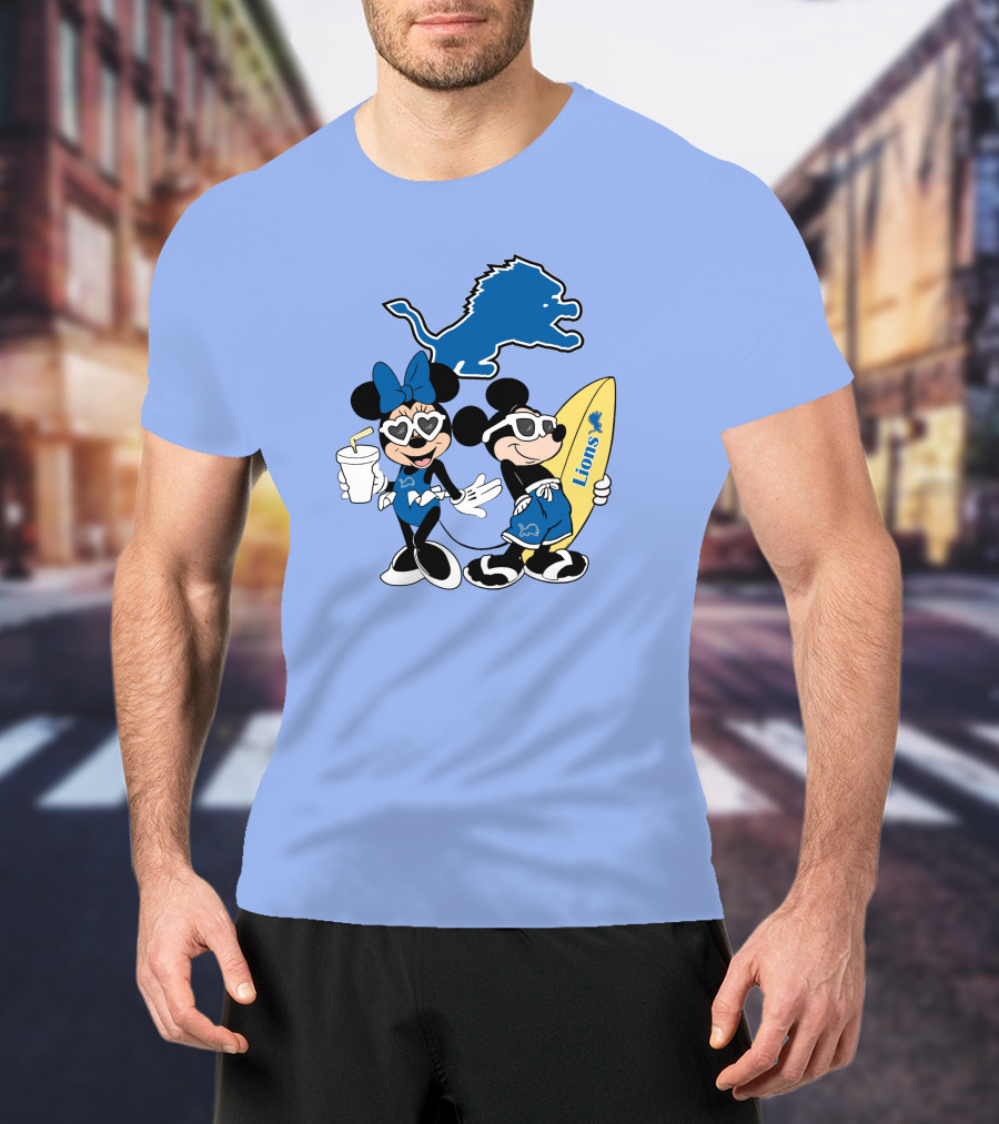 Lions Mickey And Minnie Happy Vacation With Surfboard And Drink T-Shirt