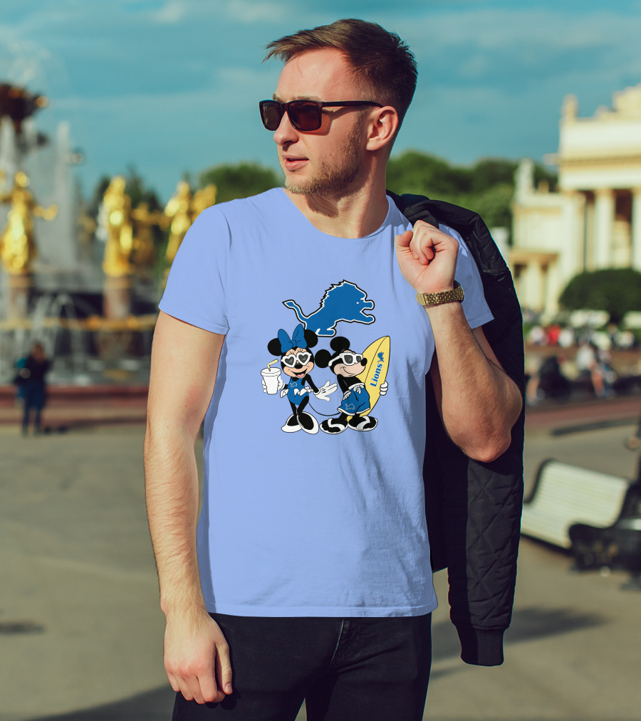 Lions Mickey And Minnie Happy Vacation With Surfboard And Drink T-Shirt