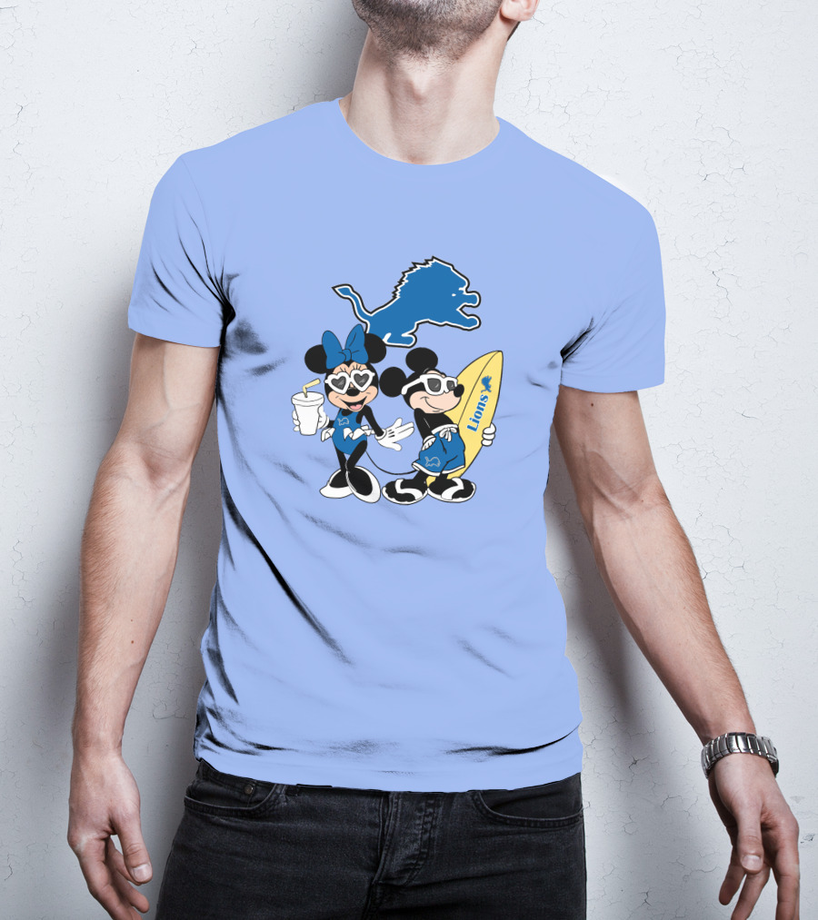 Lions Mickey And Minnie Happy Vacation With Surfboard And Drink T-Shirt
