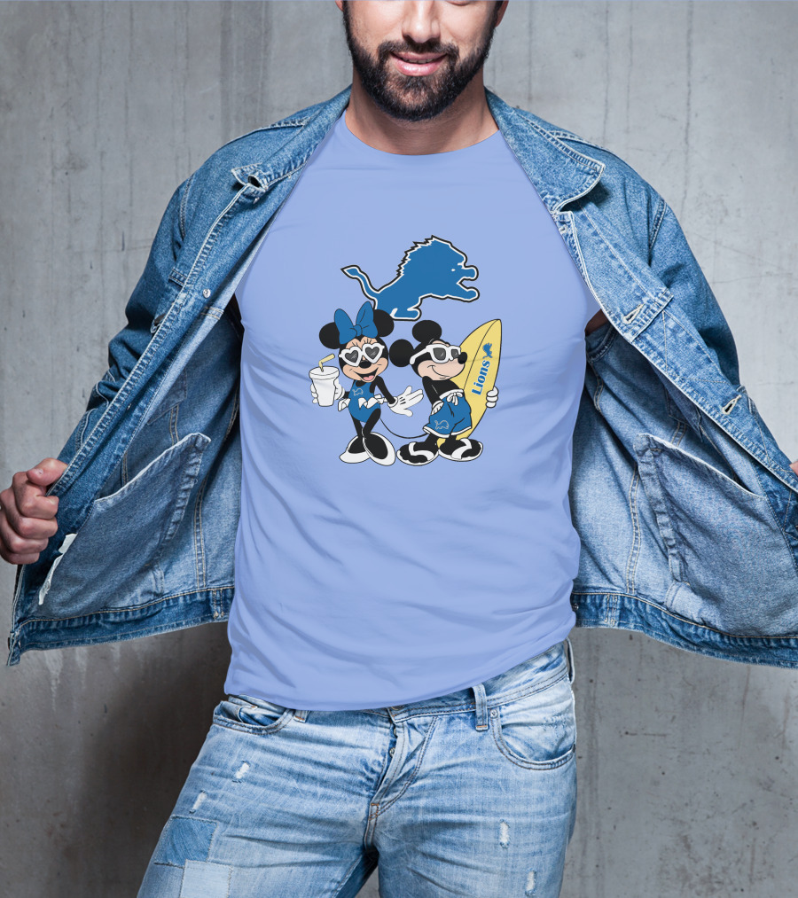 Lions Mickey And Minnie Happy Vacation With Surfboard And Drink T-Shirt