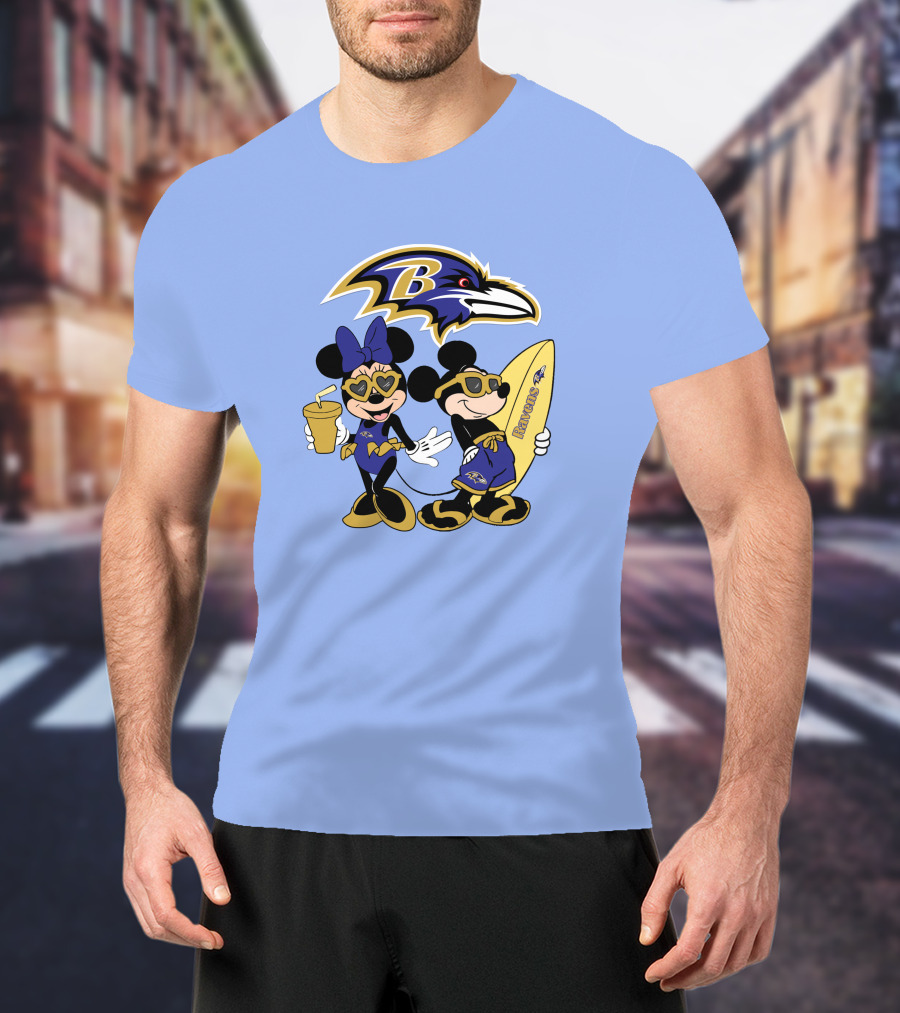 Ravens Mickey Minnie Vacation Surfing Football Fan Celebration T-Shirt