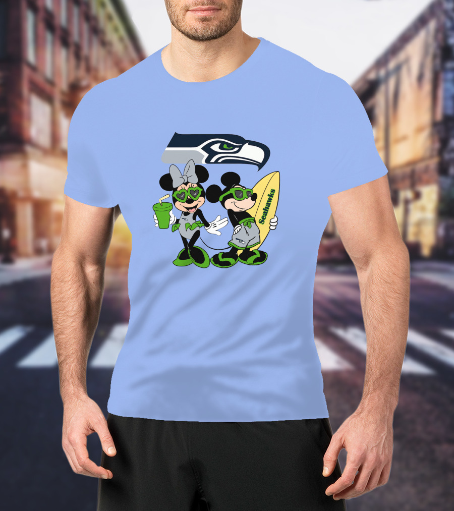 Seahawks Mickey And Minnie Happy Vacation Surfing Adventure T-Shirt