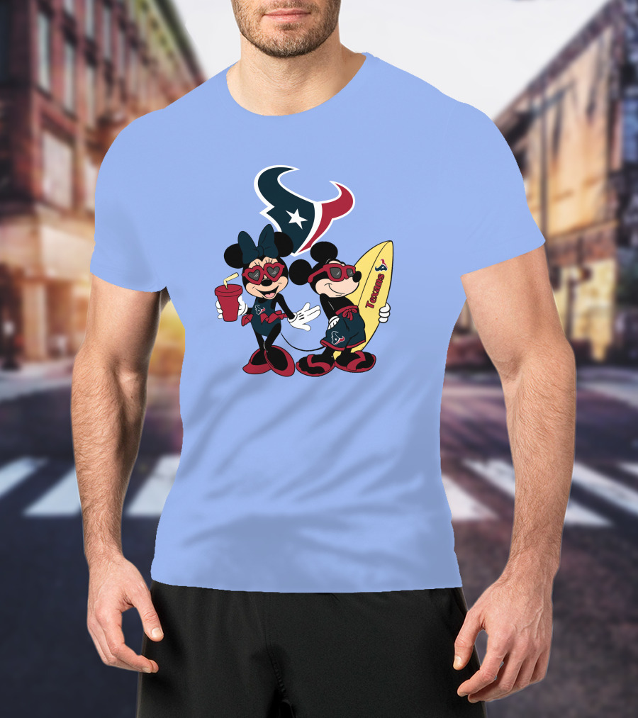 Texans Mickey And Minnie Happy Vacation Surfboard And Drink T-Shirt
