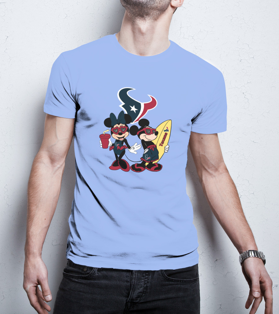 Texans Mickey And Minnie Happy Vacation Surfboard And Drink T-Shirt