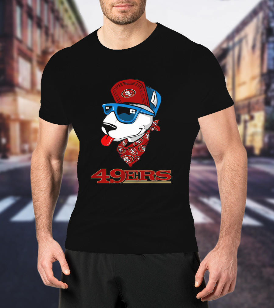 49ers Bull Terrier San Francisco Style Dog Wearing Logo Hat And Sunglasses T-Shirt