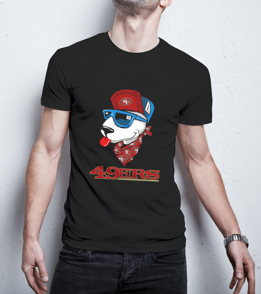49ers Bull Terrier San Francisco Style Dog Wearing Logo Hat And Sunglasses T-Shirt