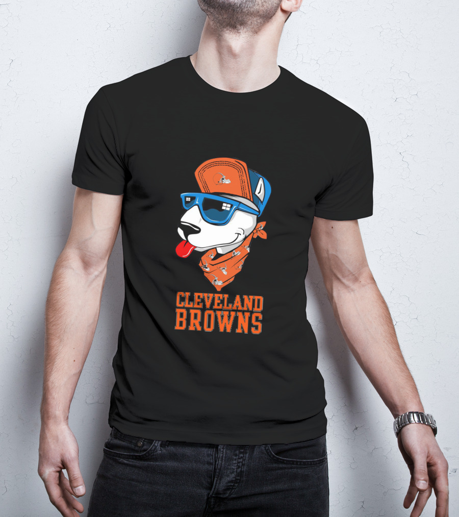 Cleveland Browns Bull Terrier With Sunglasses And Bandana T-Shirt