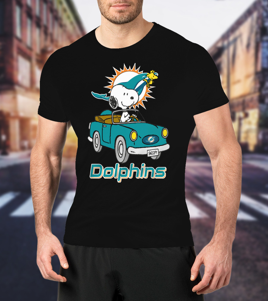 Miami Dolphins Snoopy Driving Car With Woodstock T-Shirt