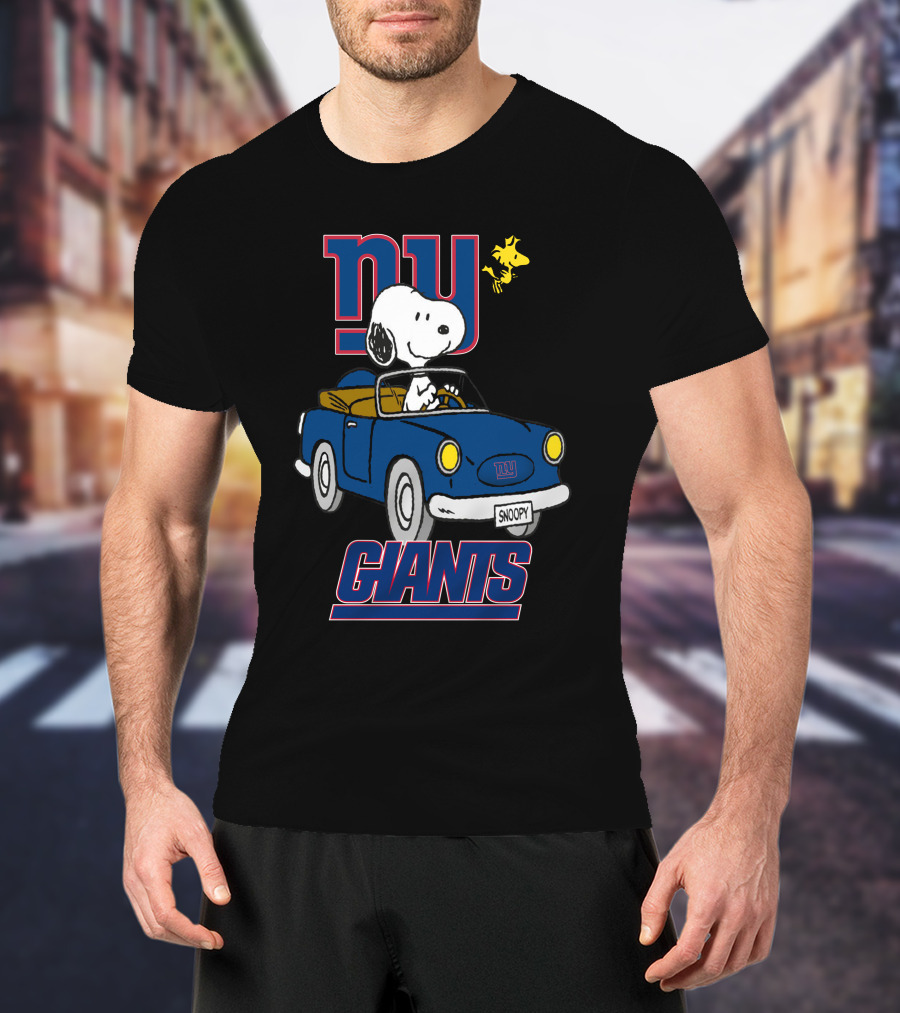 NY Giants Snoopy And Woodstock In Blue Car Ride T-Shirt