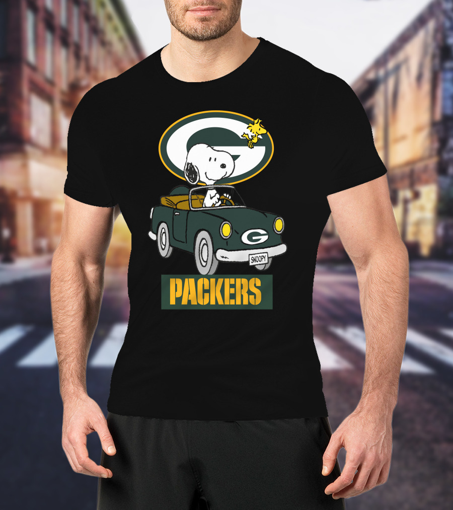 Packers Snoopy Driving Car With Woodstock And Packers T-Shirt
