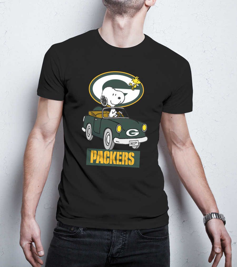 Packers Snoopy Driving Car With Woodstock And Packers T-Shirt