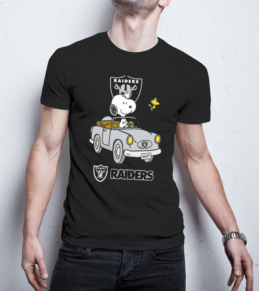 Raiders Snoopy Driving Cartoon With Woodstock And NFL T-Shirt
