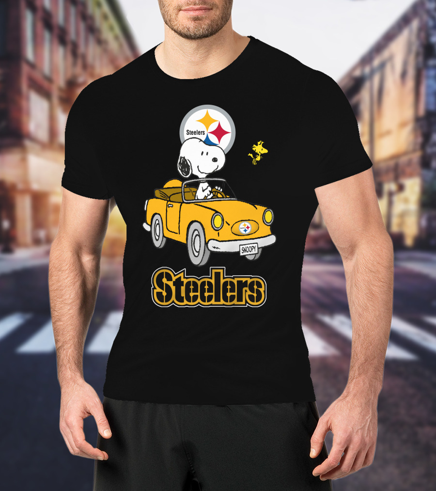 Steelers Snoopy Driving With Woodstock In Yellow Car T-Shirt