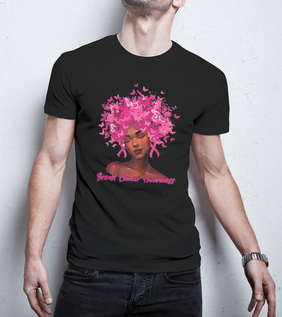 Black Queen Breast Cancer Awareness Month Butterflies Pink T-Shirt
