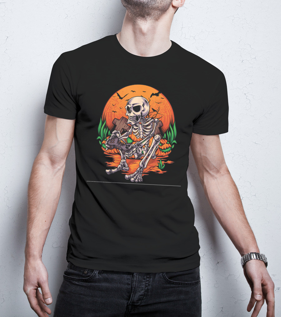Skeleton Gamer Halloween Pumpkin Bat Gaming Controller Scene T-Shirt