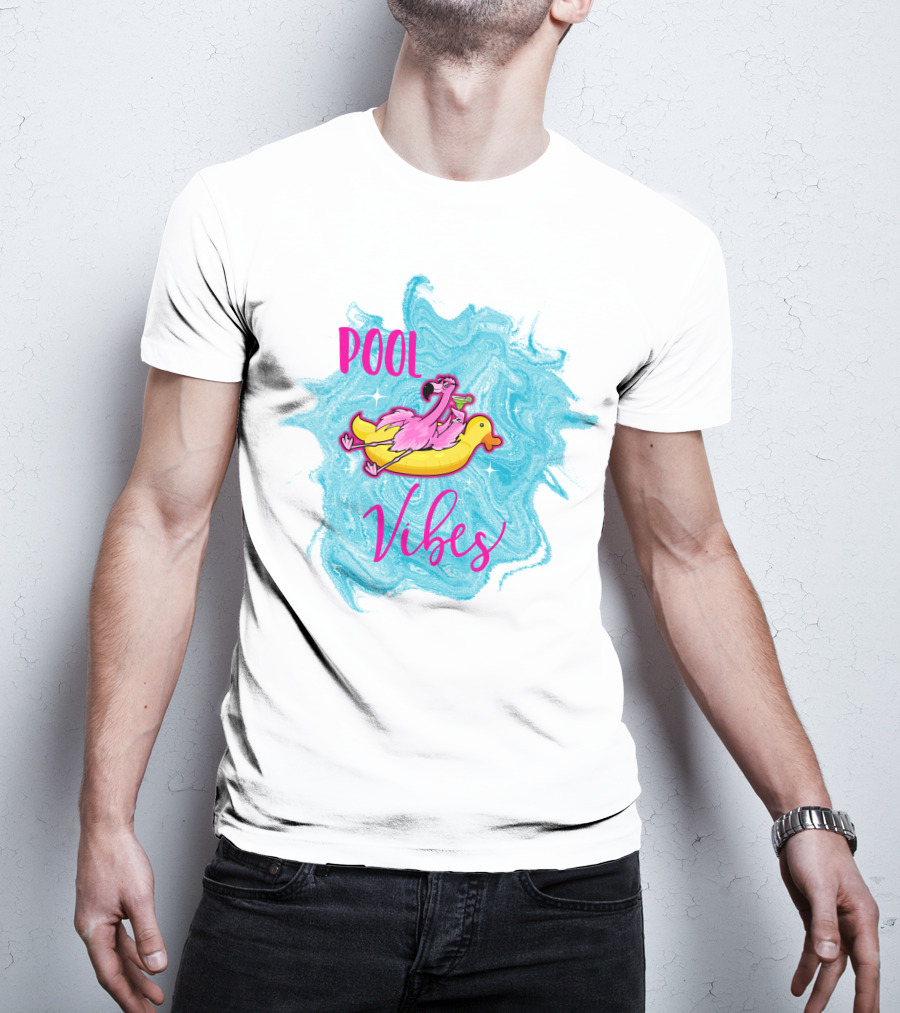 Pool Vibes Flamingo On Inflatable Duck With Blue Swirl Background T-Shirt