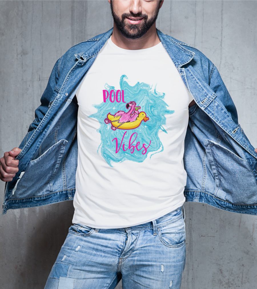Pool Vibes Flamingo On Inflatable Duck With Blue Swirl Background T-Shirt