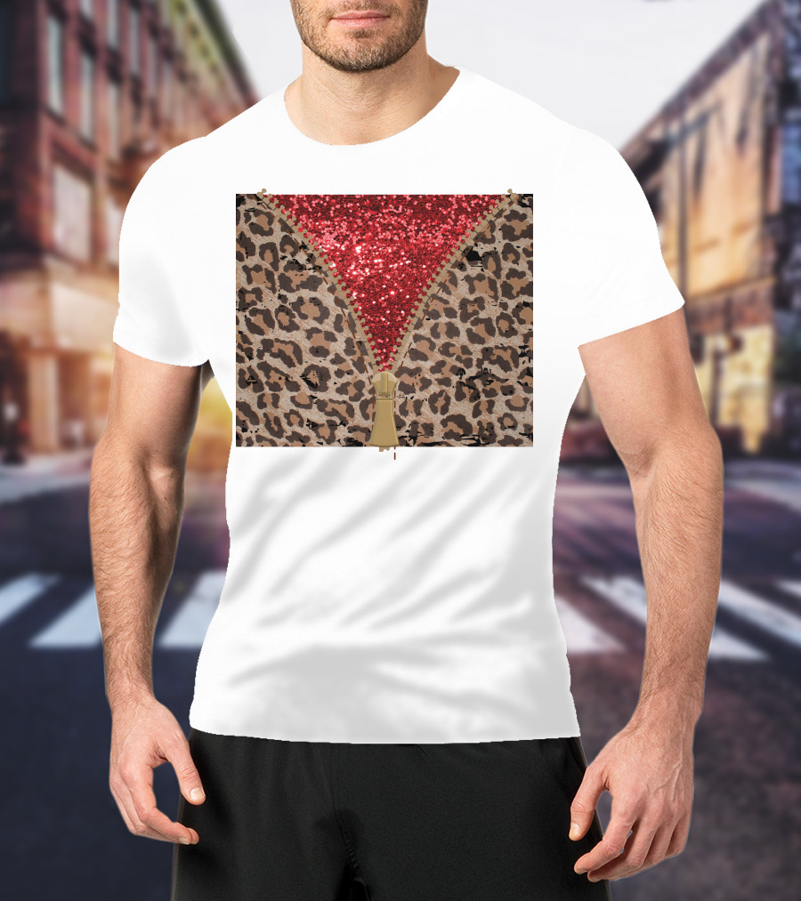 Red Faux Glitter Leopard Zipper Tumbler T-Shirt
