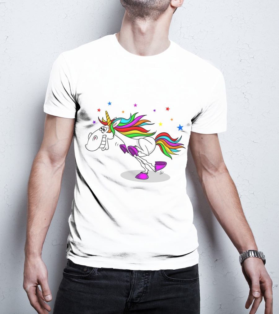 Awesome Unicorn Twinkles Rainbow Kicking Fun Stars Vibrant Mane T-Shirt