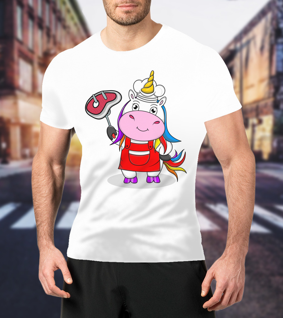 Barbecue Unicorn Chef With Rainbow Mane And Grilled Steak T-Shirt
