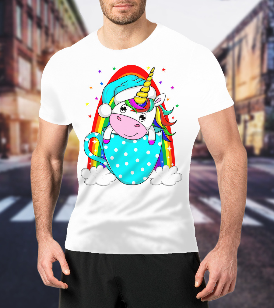 Christmas Unicorn In Cup Rainbow Santa Hat Stars T-Shirt