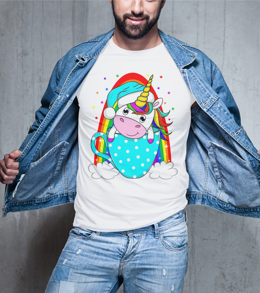 Christmas Unicorn In Cup Rainbow Santa Hat Stars T-Shirt