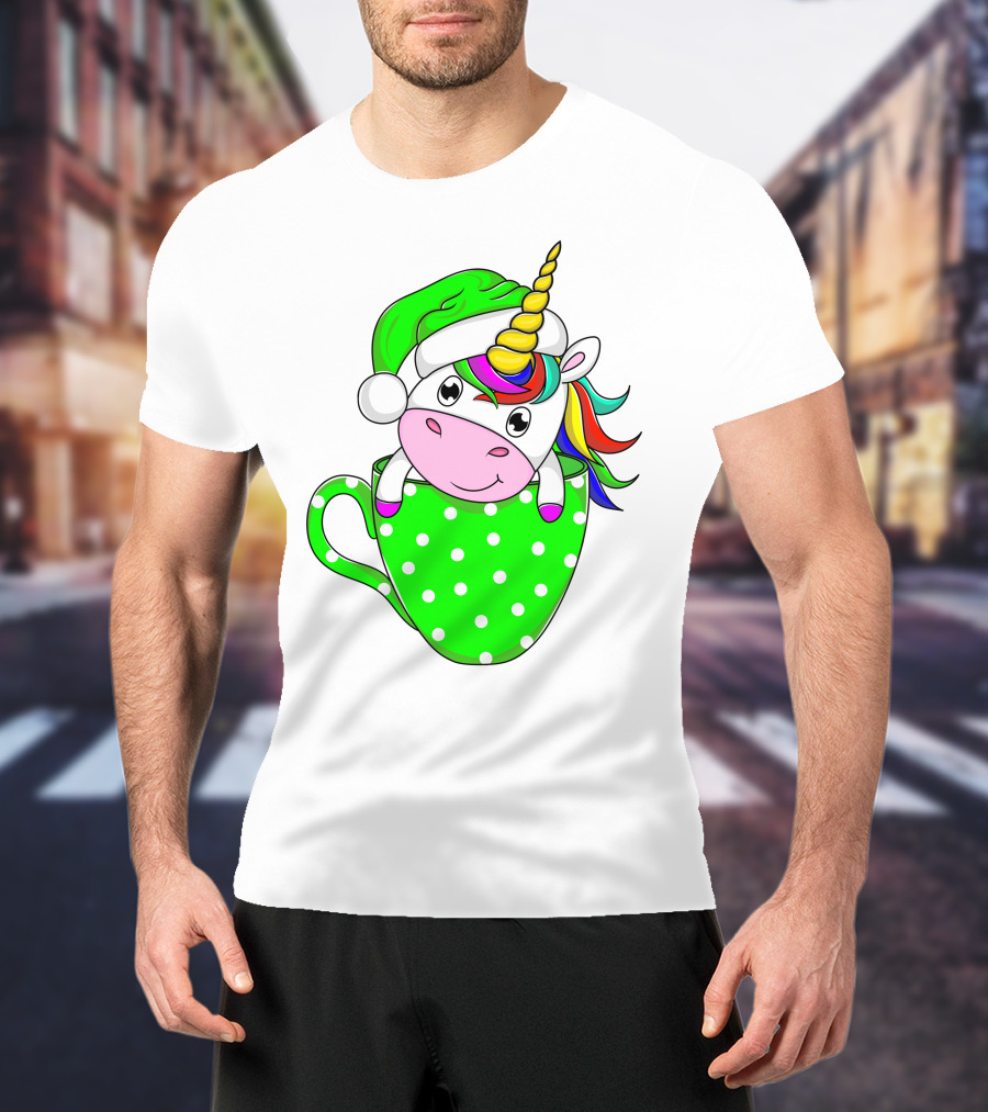 Funny Christmas Unicorn In Santa Hat With Green Polka Dot Cup T-Shirt