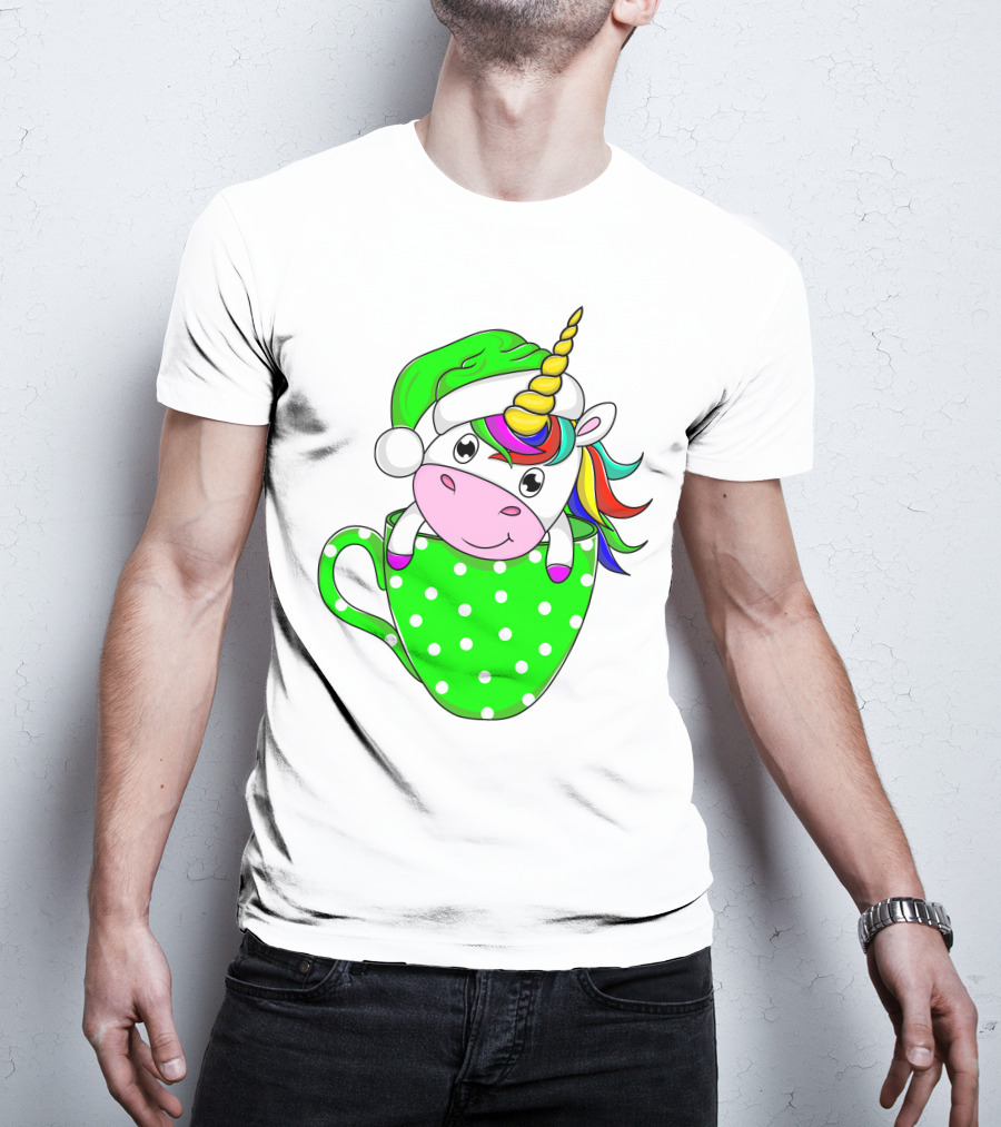Funny Christmas Unicorn In Santa Hat With Green Polka Dot Cup T-Shirt