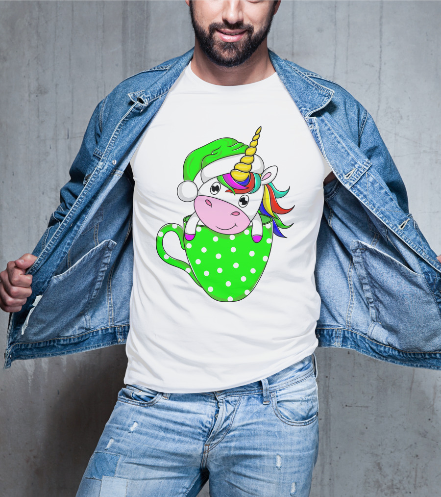 Funny Christmas Unicorn In Santa Hat With Green Polka Dot Cup T-Shirt